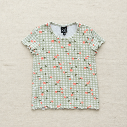 T-shirt enfant vert à carreaux, motif cerises colorées, manches courtes