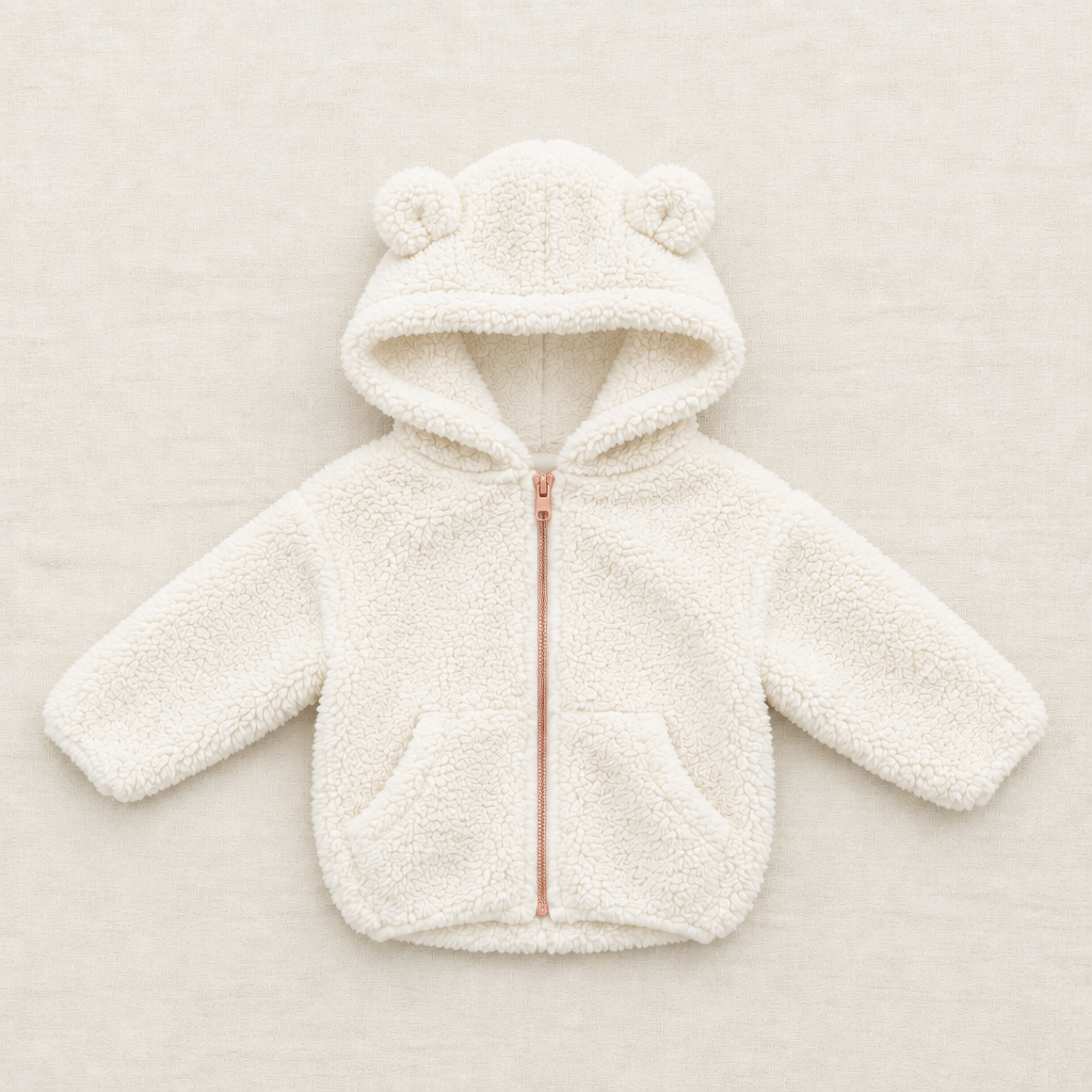 Veste bébé 24 mois en sherpa blanc, capuche avec pompons et fermeture éclair