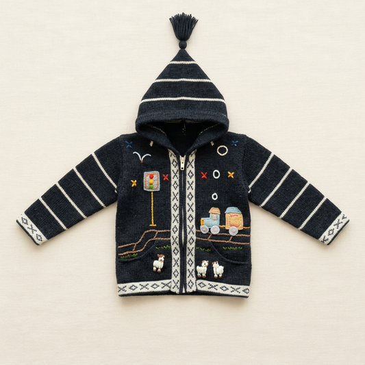 Veste bébé à capuche noire, broderies colorées et rayures, fermeture devant