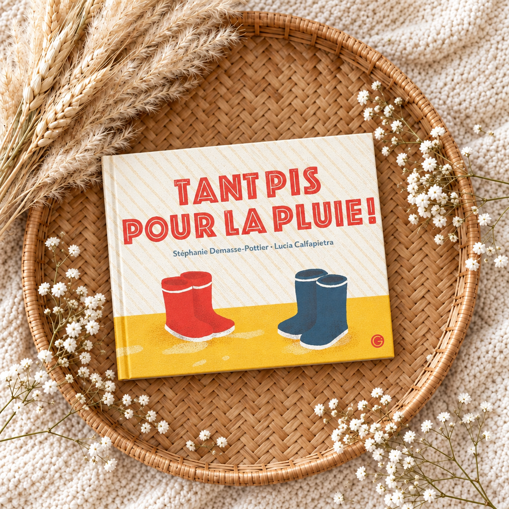 Livre jeunesse « Tant pis pour la pluie » : couverture jaune, bottes illustrées.