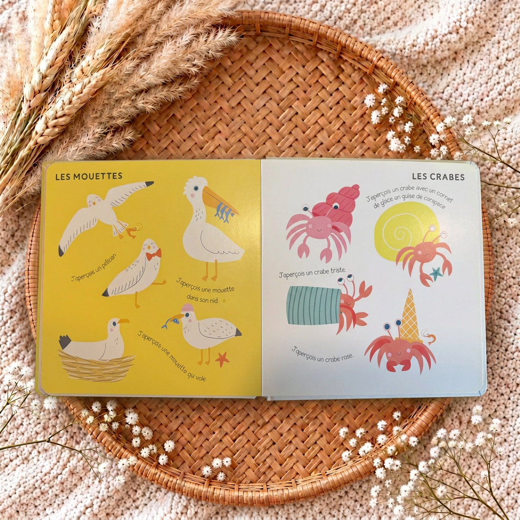 Livre jeunesse ouvert : pages illustrées mouettes et crabes, jaune et bleu