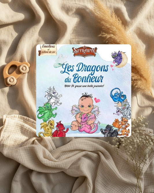 Couverture de livre jeunesse illustrée avec Bébé-Fé et plusieurs dragons autour.