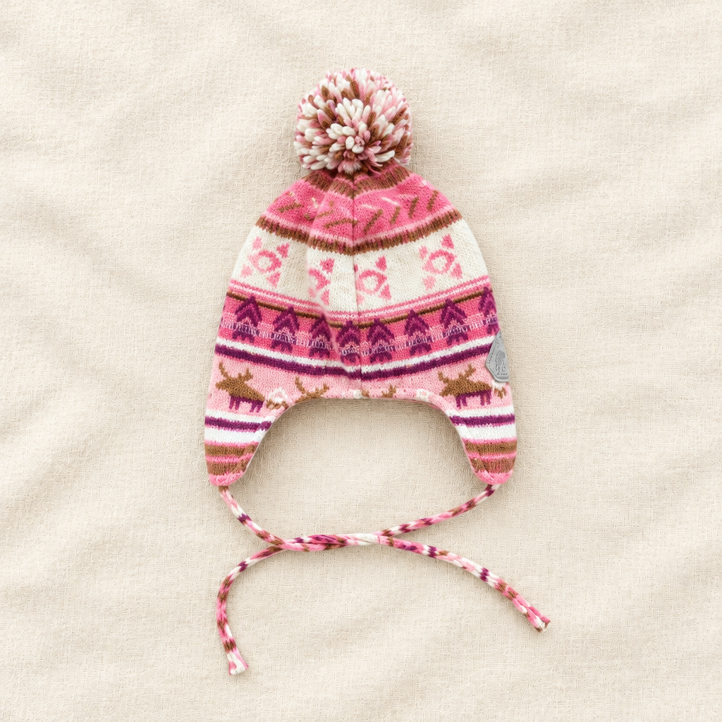 Tuque tricot Souris Mini rose crème à pompon, motif jacquard et nouettes