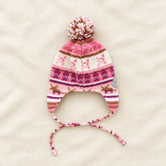 Tuque tricot Souris Mini rose crème à pompon, motif jacquard et nouettes