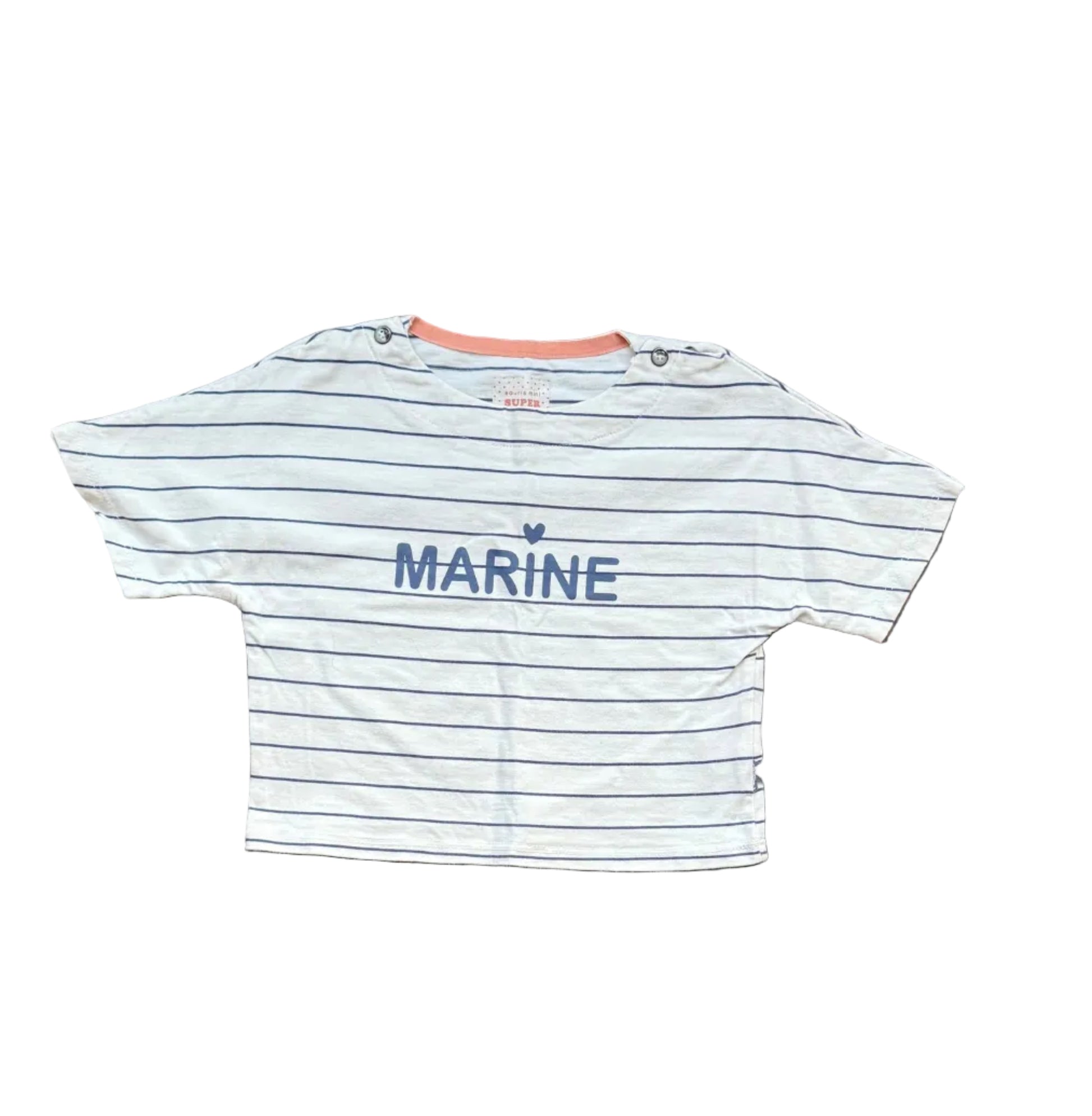 T-shirt bébé 12-18 mois rayé bleu et blanc, col boutonné, imprimé MARINE