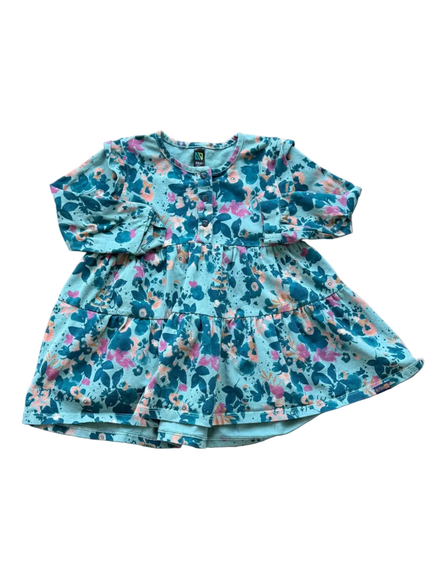 Robe bébé 24 mois, manches longues, motif floral bleu et rose, jupe évasée