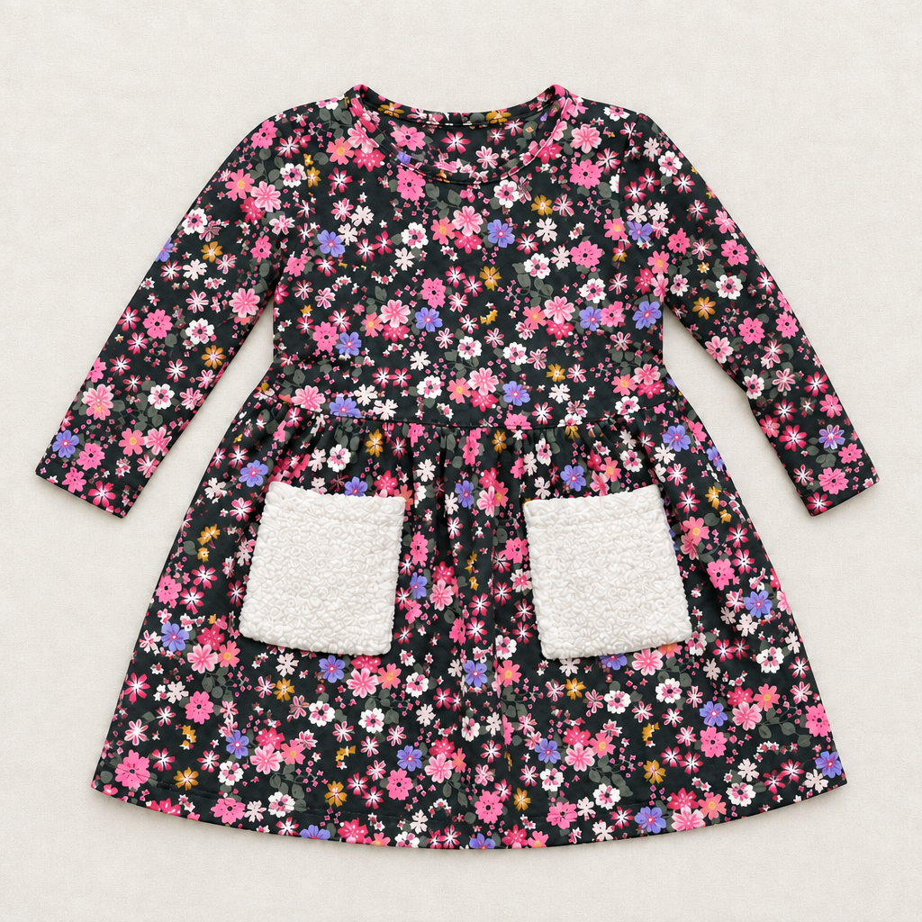 Robe bébé 9 mois Le Chat Botté à manches longues, fleurs roses sur fond sombre.