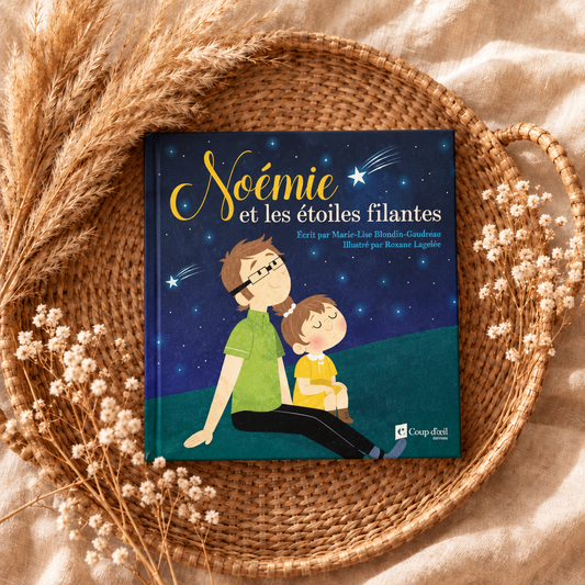 Livre « Noémie et les étoiles filantes » : couverture avec deux enfants et ciel étoilé