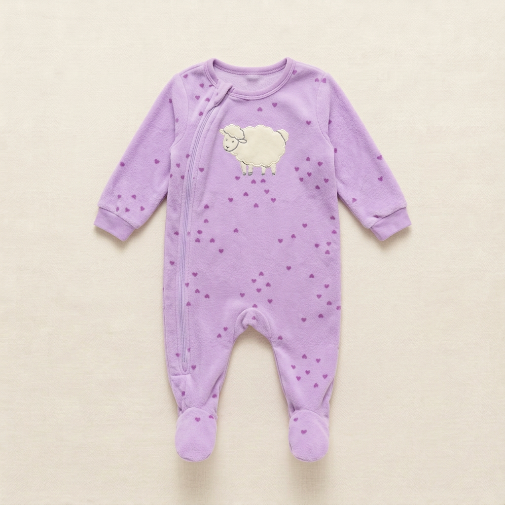 Pyjama bébé Pekkle lilas 3 mois, motifs cœurs et mouton, manches longues, pieds