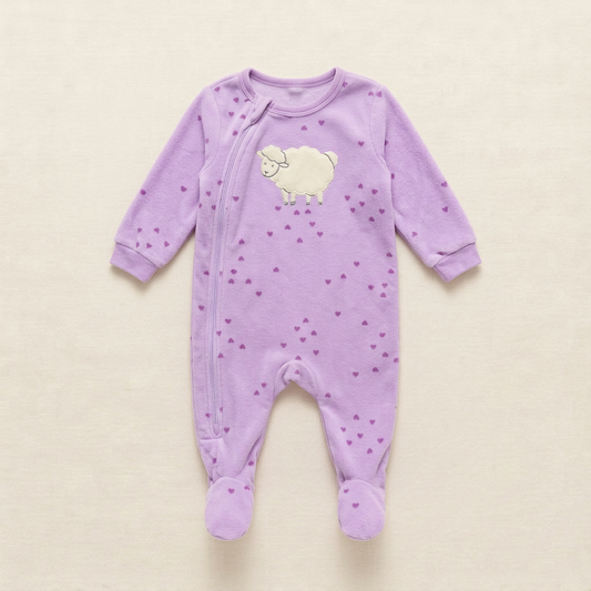 Pyjama bébé Pekkle lilas 3 mois, motifs cœurs et mouton, manches longues, pieds