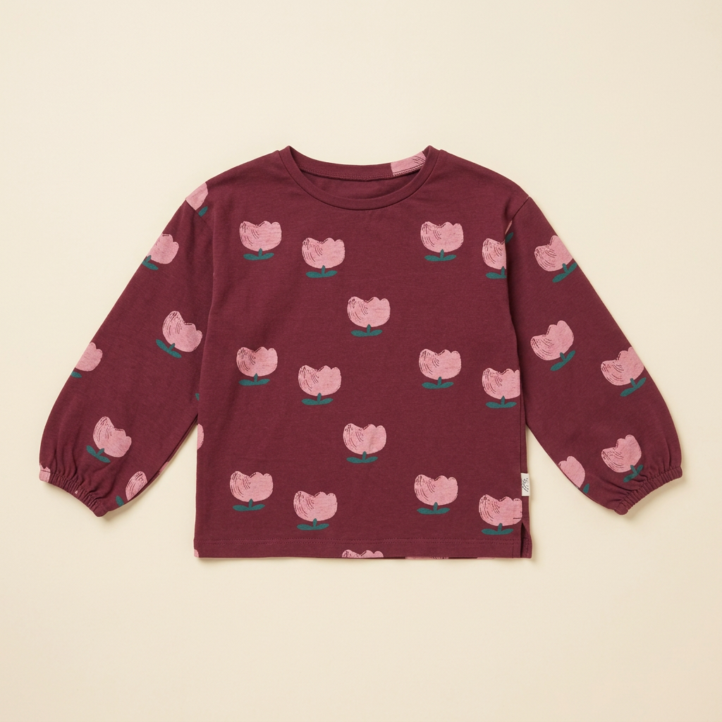 Chandail bio 2 ans bordeaux à motifs de fleurs, manches longues bouffantes