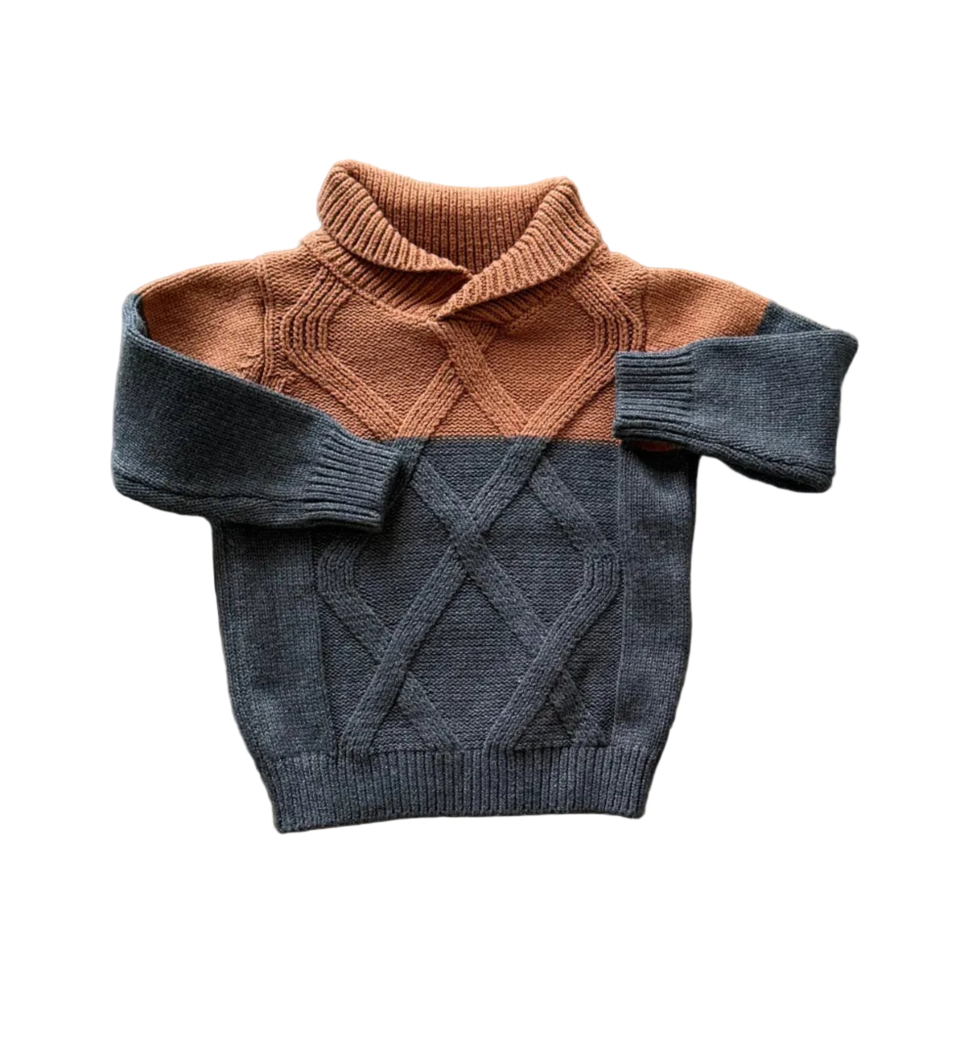 Pull 9 mois brun et bleu-gris, col châle côtelé et torsades