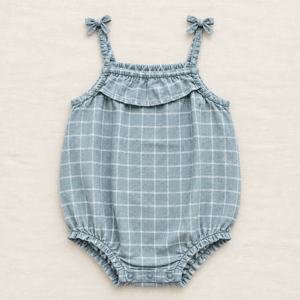 Barboteuse bébé grise à bretelles et nœuds, col volanté, motif carreaux, 9-12 mois