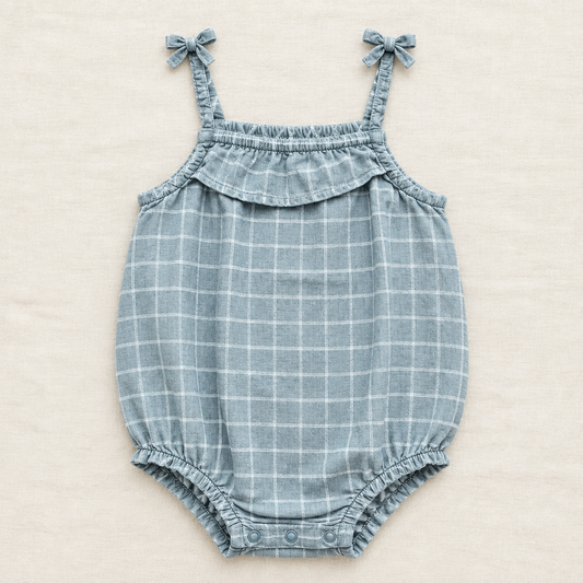 Barboteuse bébé grise à bretelles et nœuds, col volanté, motif carreaux, 9-12 mois