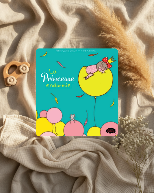 Livre illustré à couverture turquoise, princesse sur un ballon jaune avec feuillage multicolore