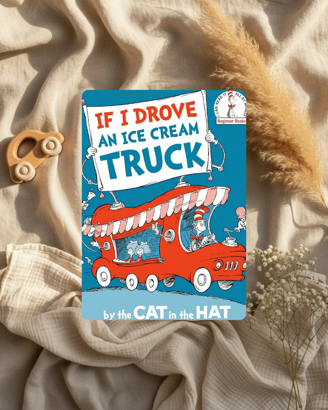 Livre pour enfants avec couverture illustrée d’un camion de glace rouge