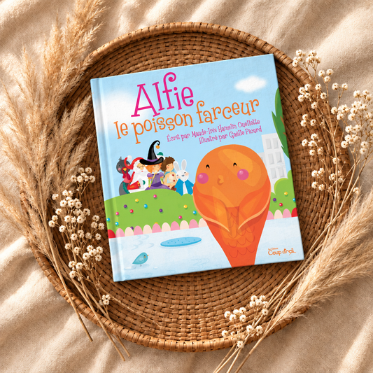 Livre jeunesse avec couverture illustrée d’un poisson orange et d’enfants, titre Alfie.