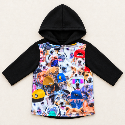 Veste enfant à capuche noire, imprimé chiens multicolores