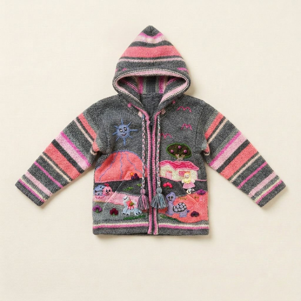 Veste bébé tricotée grise, capuche à rayures roses, fermeture zippée, motif animaux devant