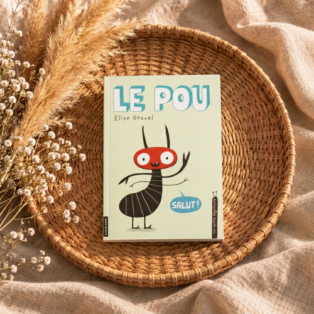 Livre broché « Le Pou » : couverture beige avec personnage rouge et lunettes bleues.