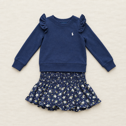 Robe fille marine Ralph Lauren : haut manches longues froncé aux épaules, jupe fleurie