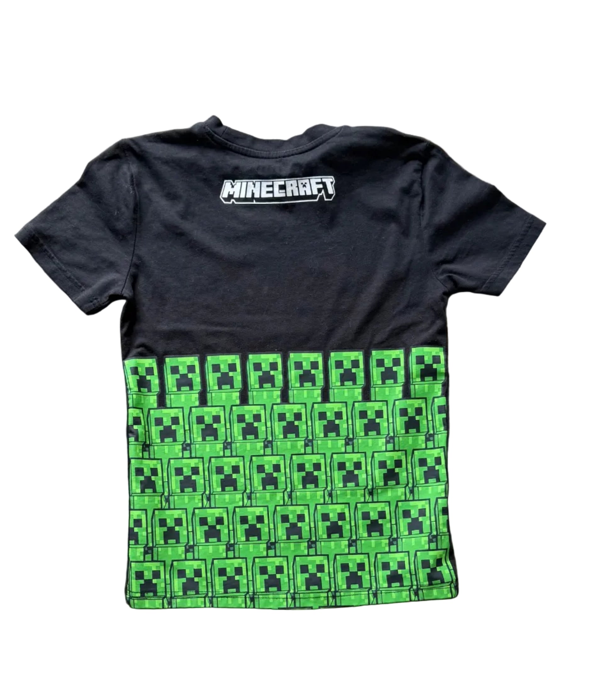 T-shirt noir 7-8 ans Minecraft, dos avec logo « Minecraft » et visages en grille.