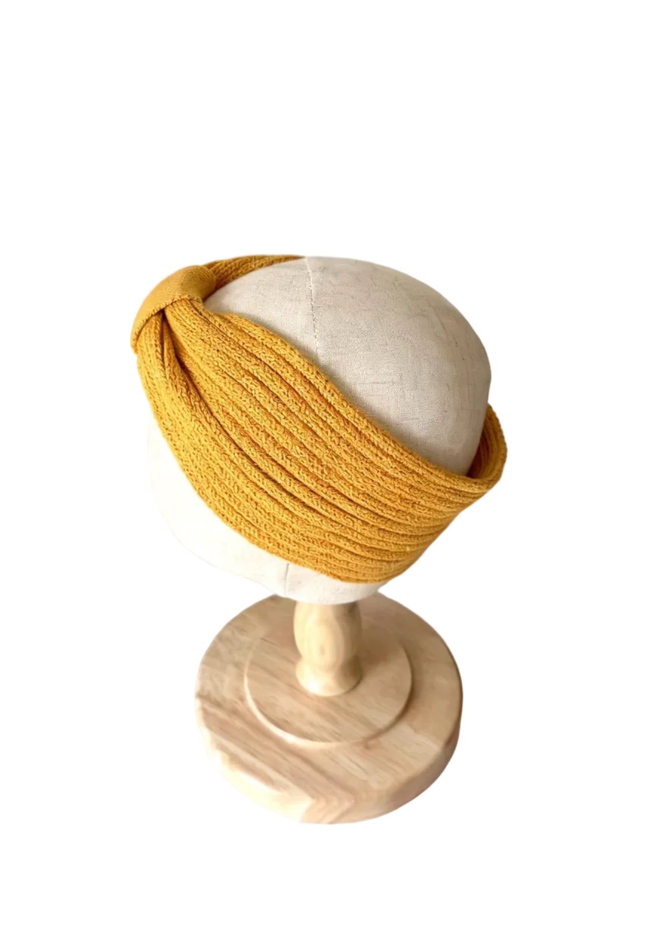 Bandeau large L&P jaune moutarde, vue de côté, avec grand nœud tricoté