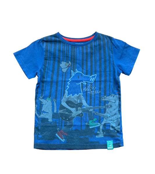 T-shirt bleu 4 ans à motif souris, rayures verticales