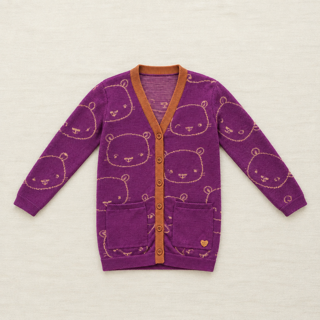 Cardigan violet à motif de petites souris, boutons devant et deux poches plaquées