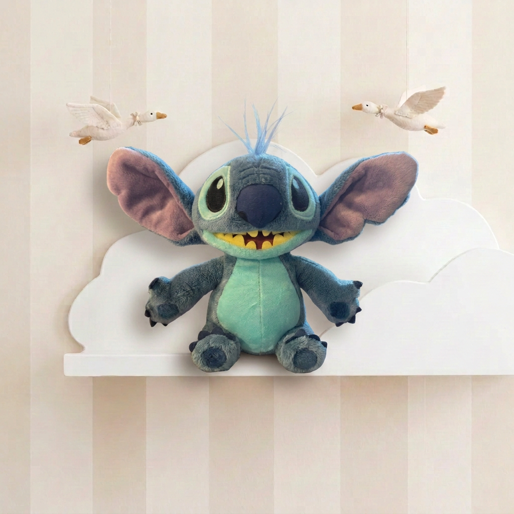 Peluche Stitch en tissu bleu et vert, grandes oreilles et yeux, pattes griffées.