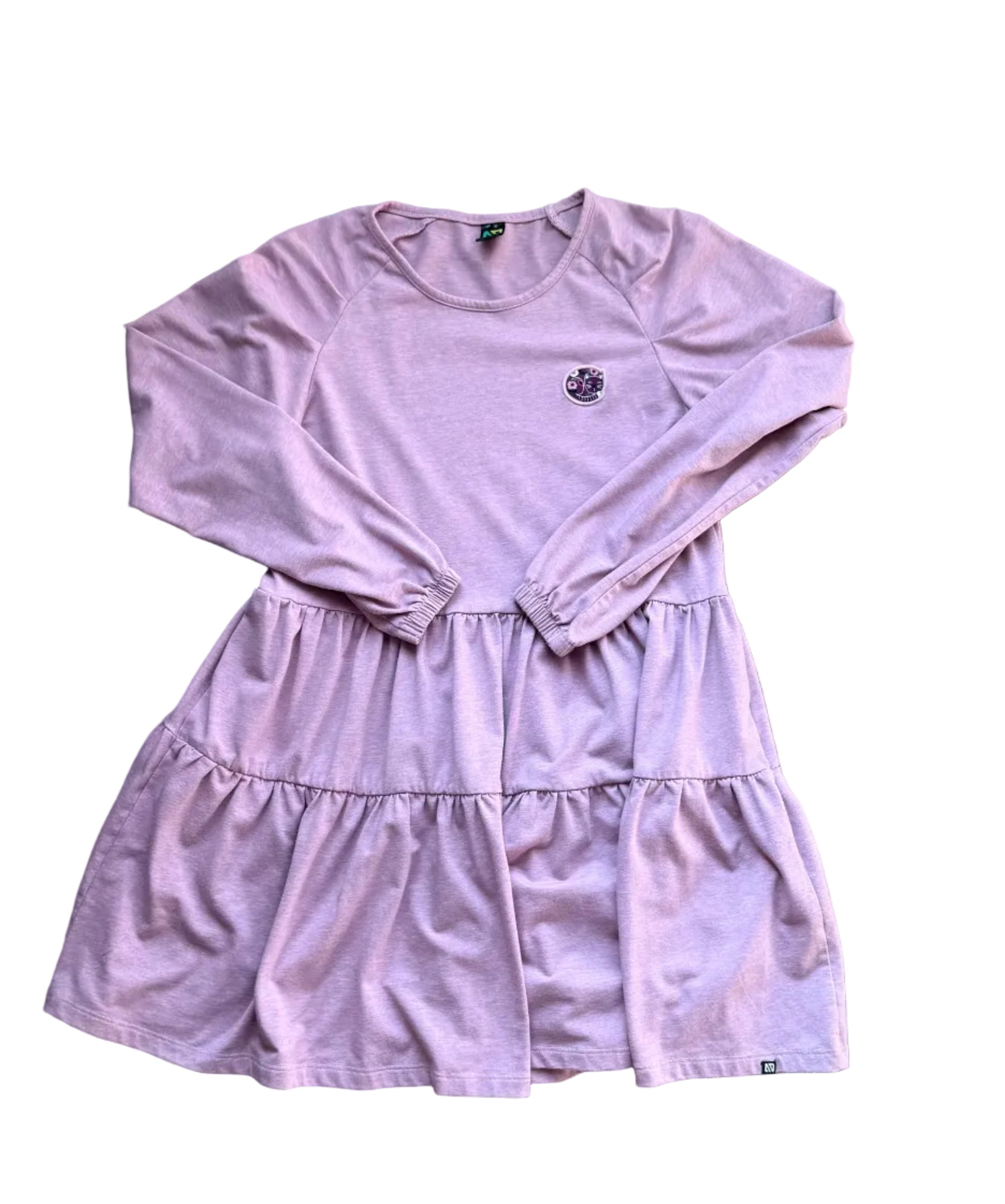 Robe lilas fille, manches longues, volants évasés, col rond, coupe évasée