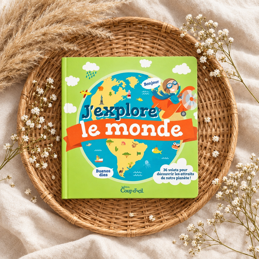 Livre jeunesse à couverture verte, carte du monde et illustration d’enfant curieux