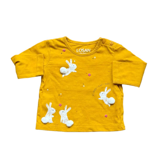 Chandail bébé Losan jaune moutarde à manches longues, broderies lapins et boutons