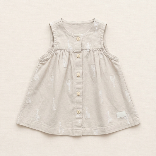 Robe bébé sans manches taupe claire, boutons devant, imprimé petit motif