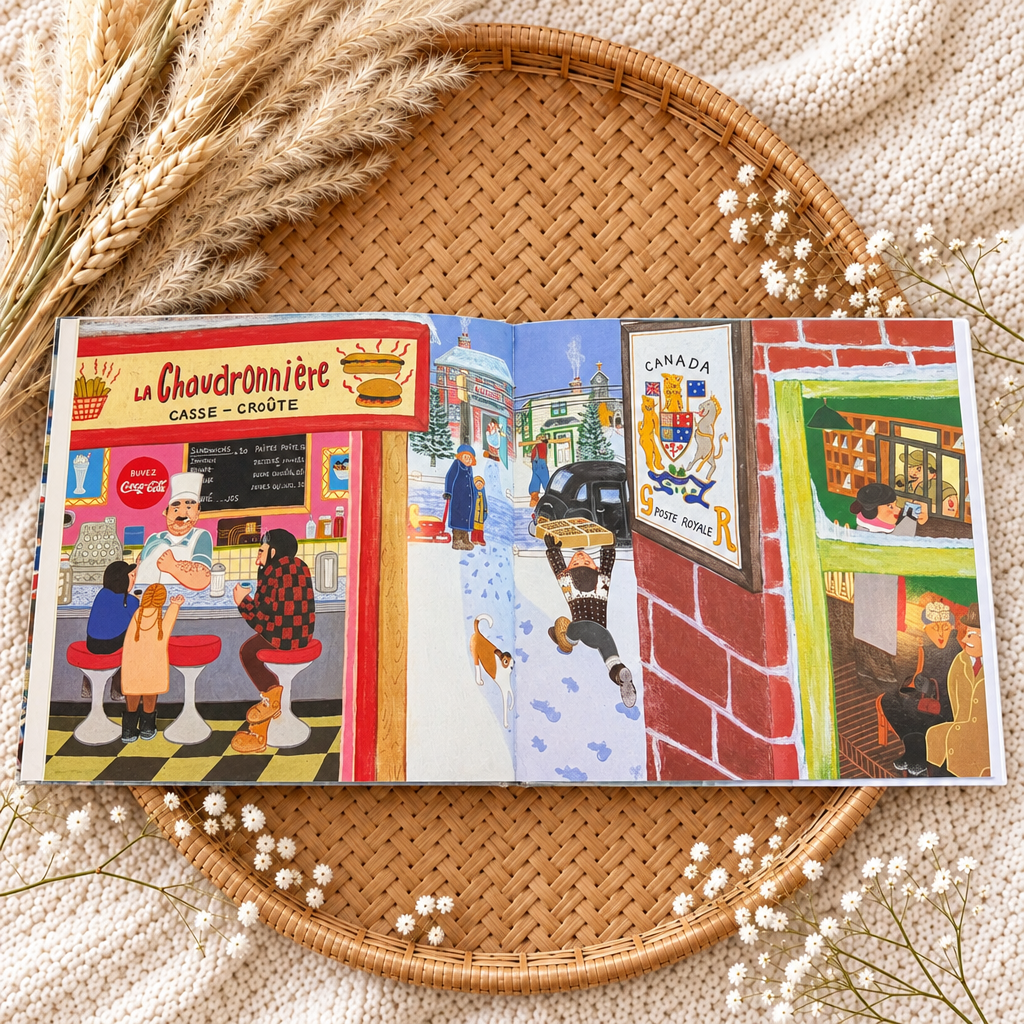 Livre à pages ouvertes : illustrations de rue en couleurs, personnages et commerces