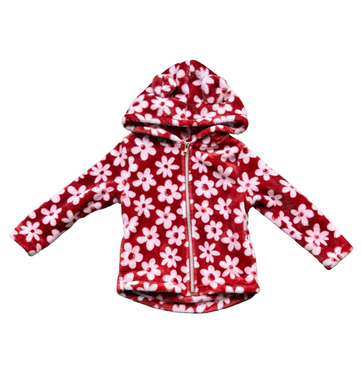 Veste enfant rouge à fleurs roses, capuche, zip, manches longues.