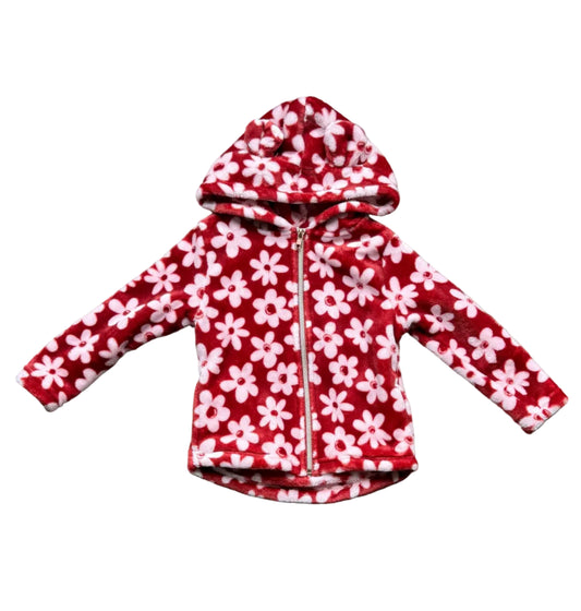 Veste enfant rouge à fleurs roses, capuche, zip, manches longues.