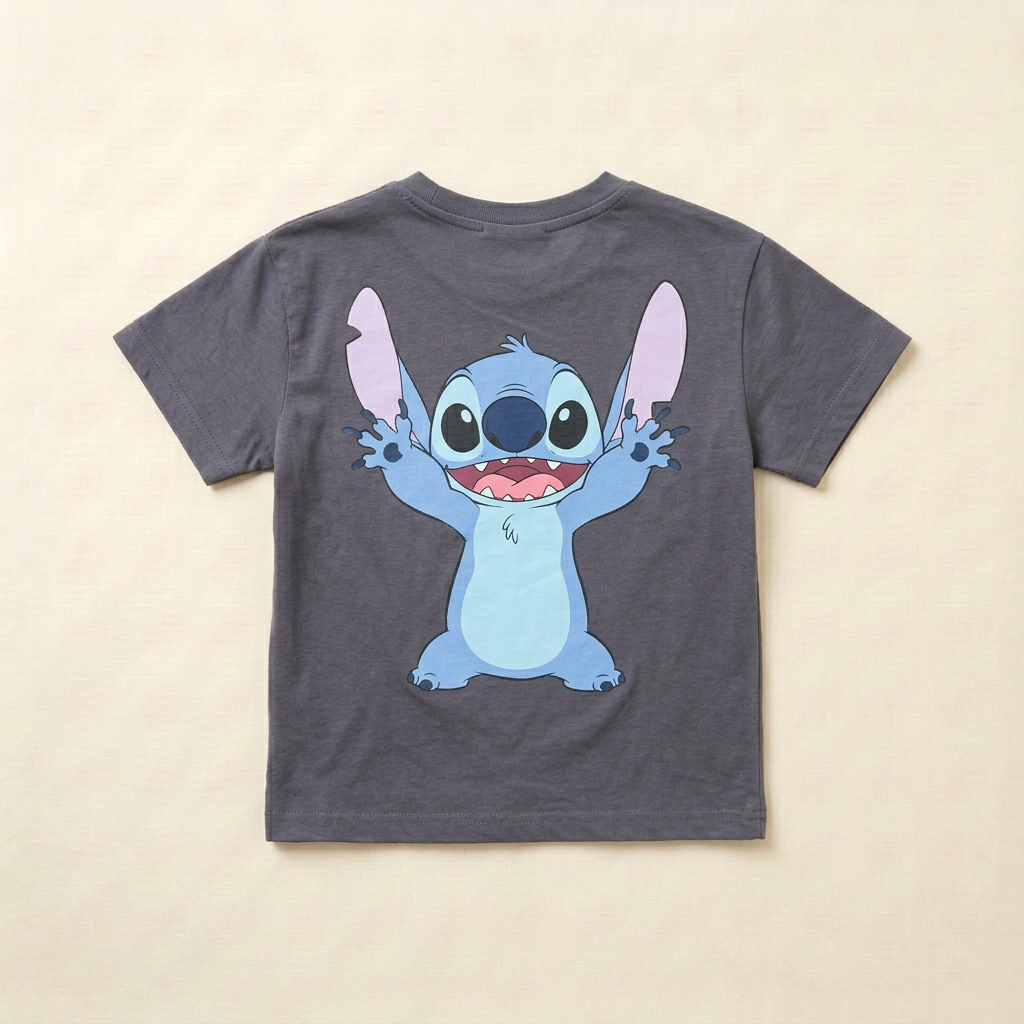 T-shirt enfant gris foncé avec grand motif Stitch sur le devant