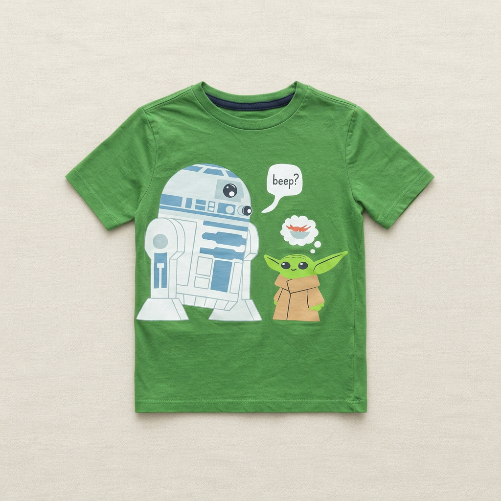 T-shirt enfant vert Star Wars avec R2-D2, Yoda et bulle «beep?»