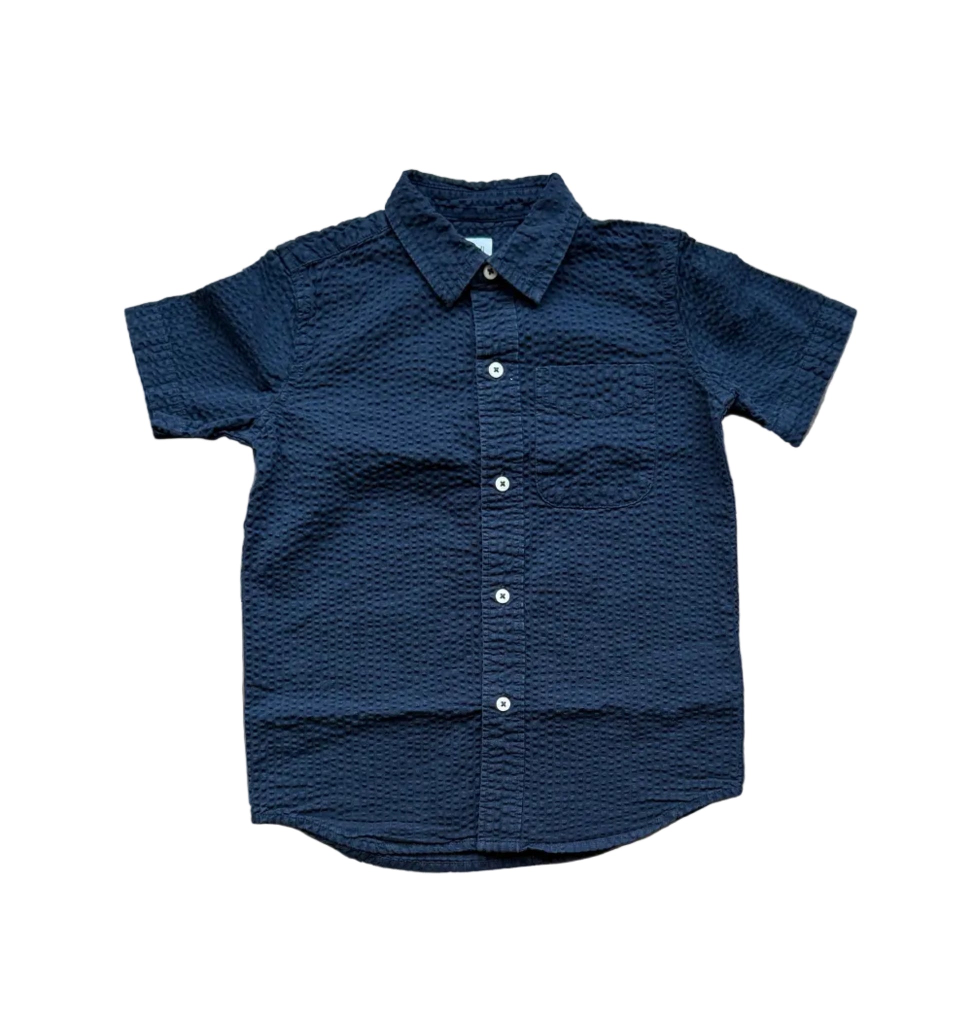 Chemise enfant marine à manches courtes, col boutonné, tissu texturé