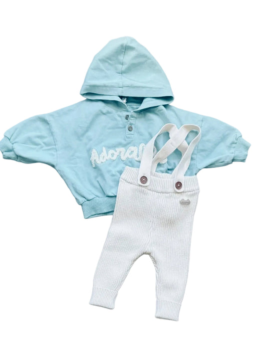 Ensemble bébé 3-6 mois : veste à capuche bleu-vert, salopette blanche