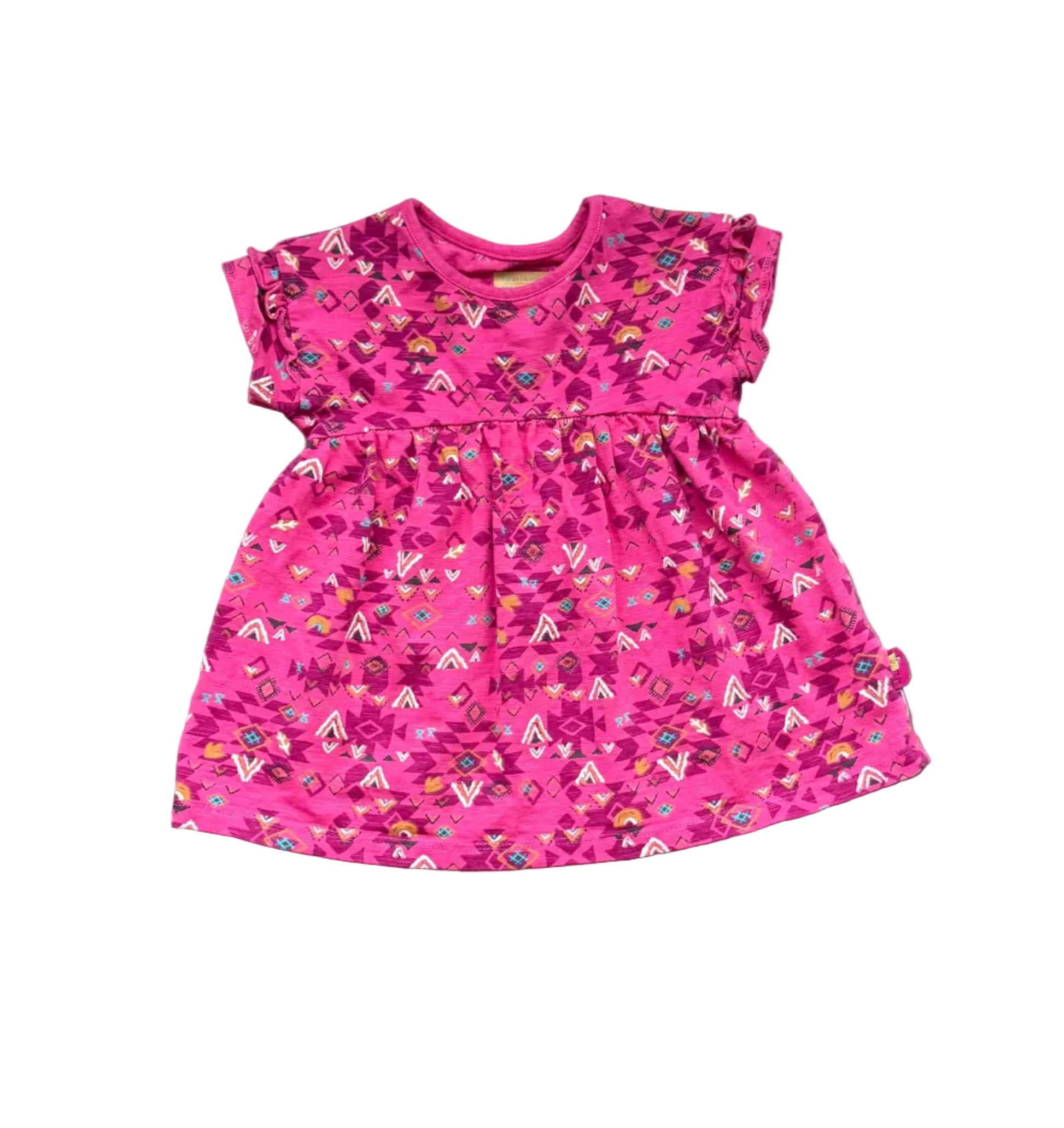 Robe Souris 9-12 mois rose à motifs géométriques multicolores, manches courtes