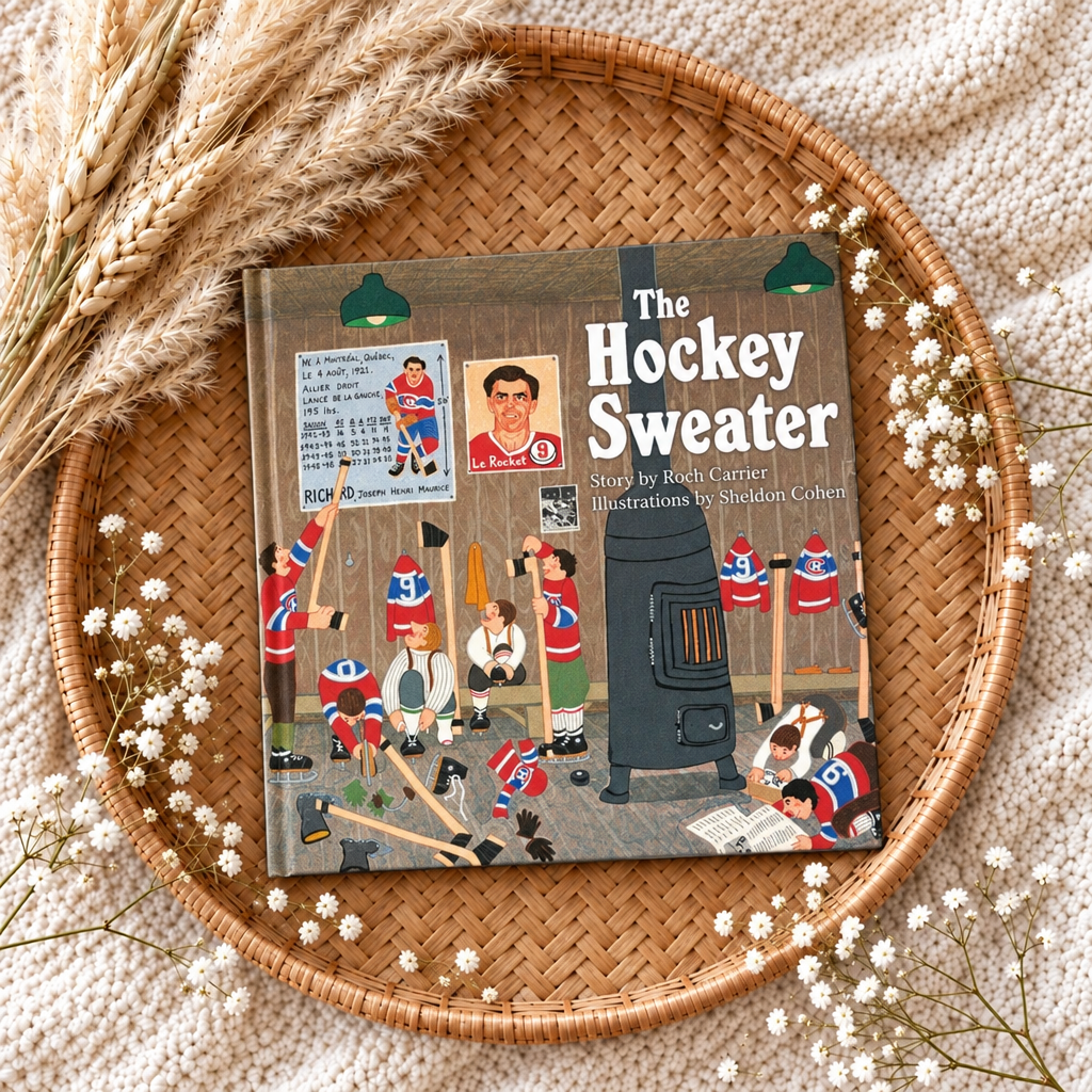 Livre « Le Chandail de hockey » : couverture illustrée avec joueurs de hockey et texte