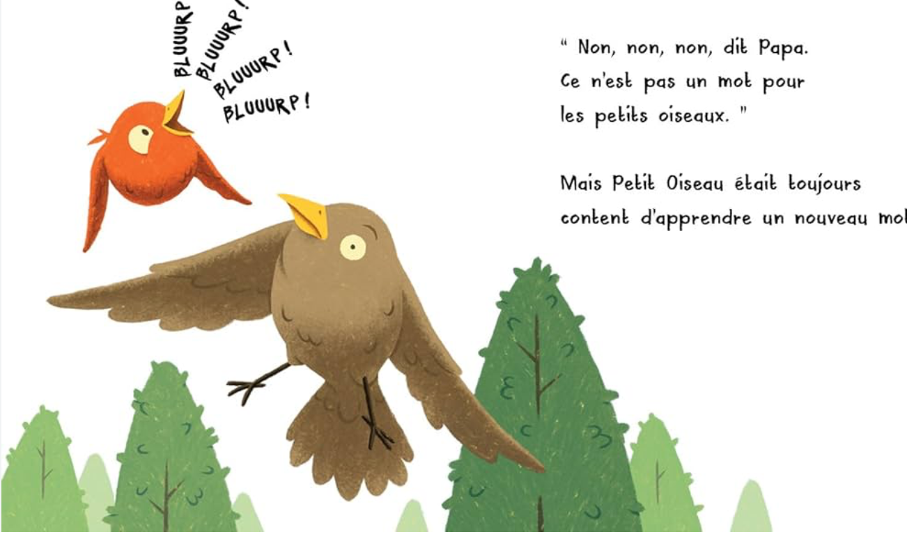 Illustration du livre : deux oiseaux perchés, arbres verts et texte, pour enfant