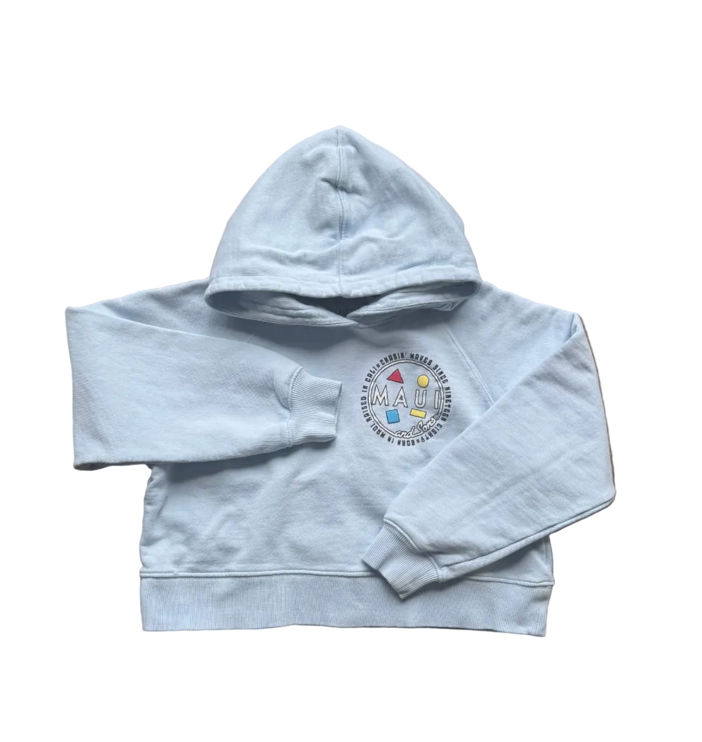 Sweat à capuche bleu clair enfant, écusson rond au centre, manches longues