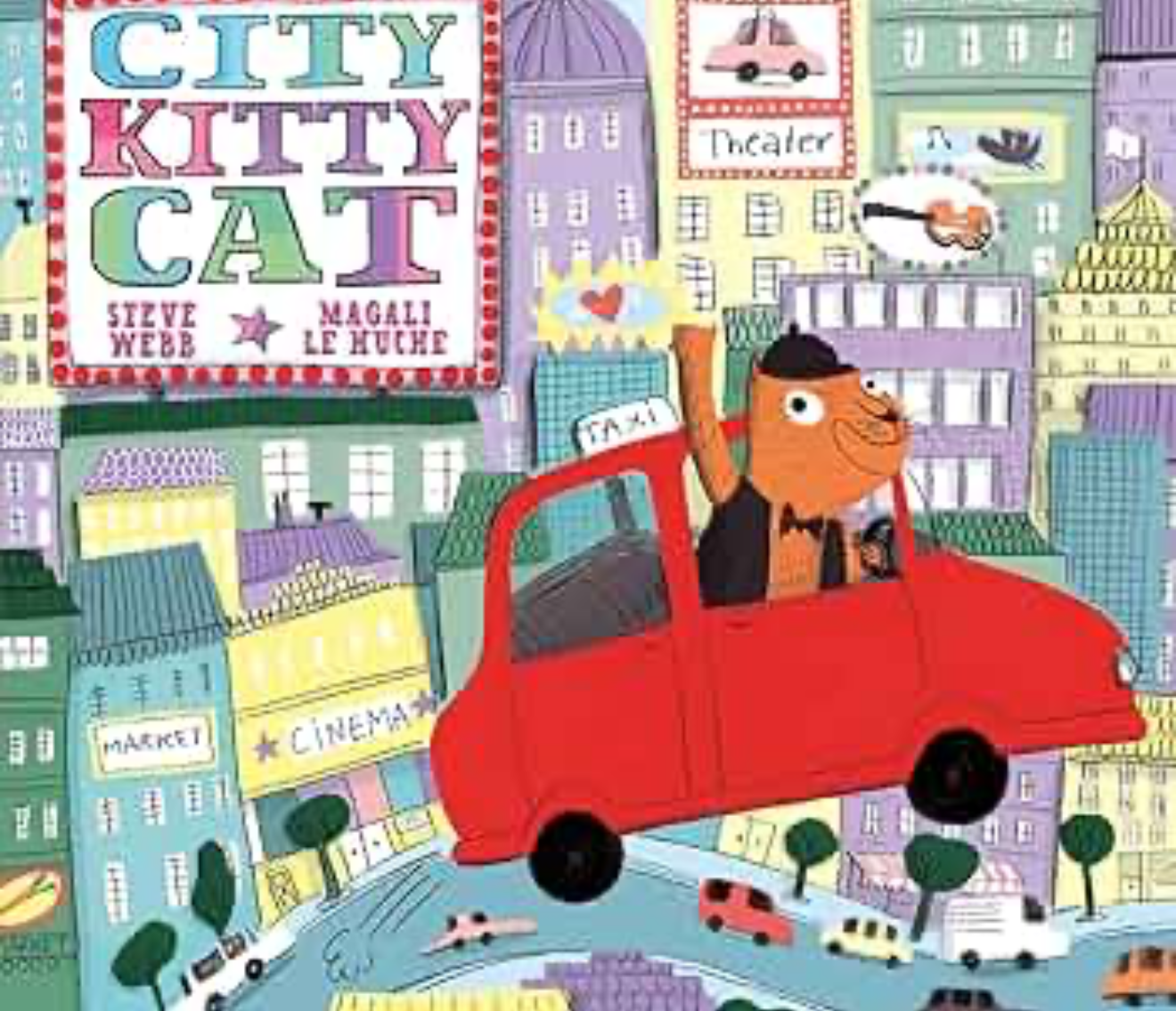 Couverture de livre City Kitty Cat : chat en voiture rouge et ville colorée, pour enfant.