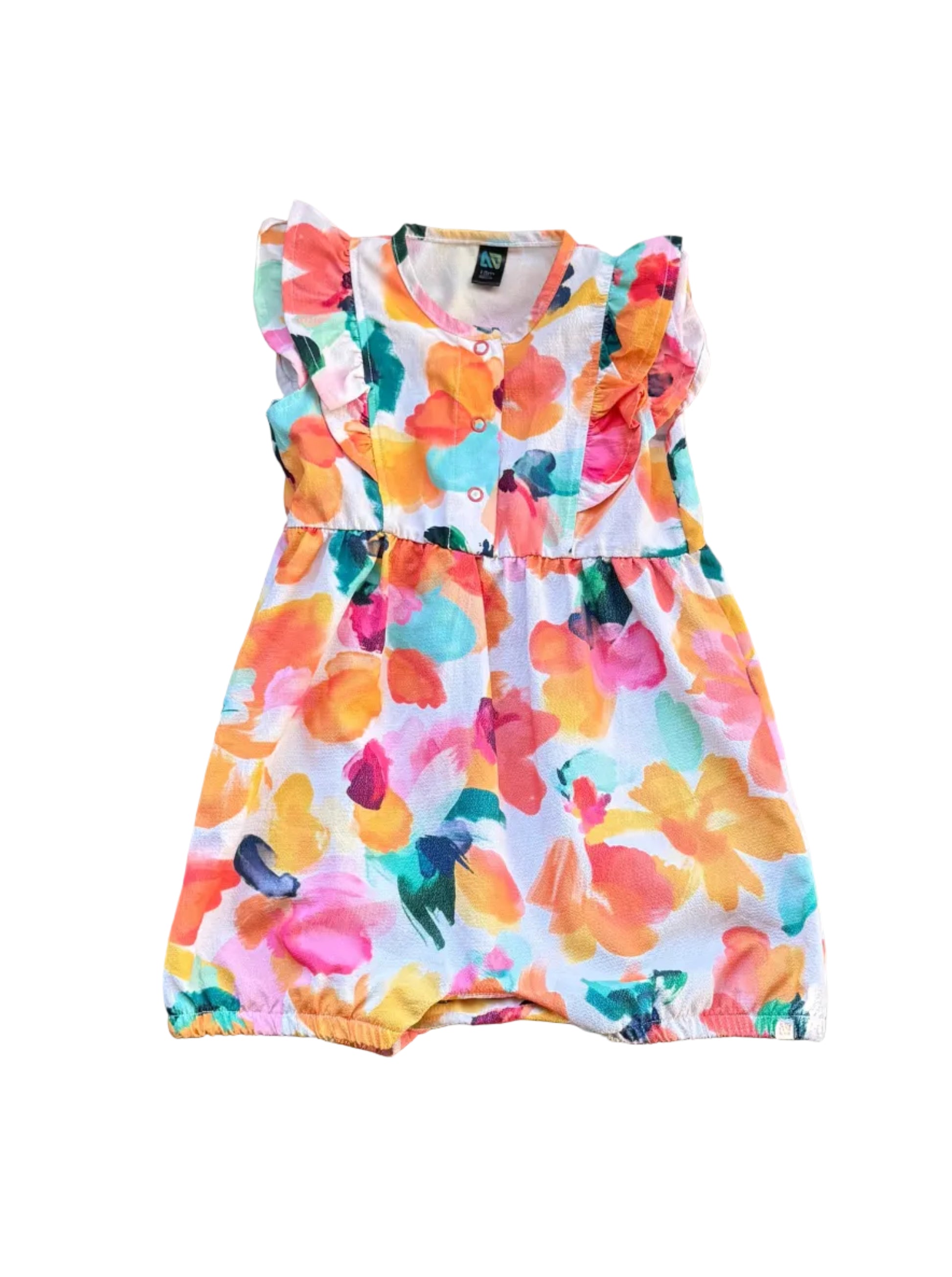 Barboteuse 18 mois multicolore à motifs aquarelle, col boutonné et volants aux épaules