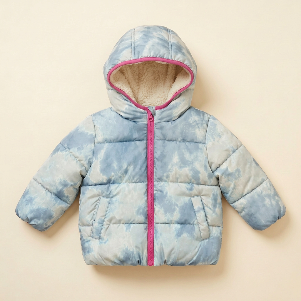 Manteau réversible enfant GAP bleu clair, capuche, fermeture zippée rose.
