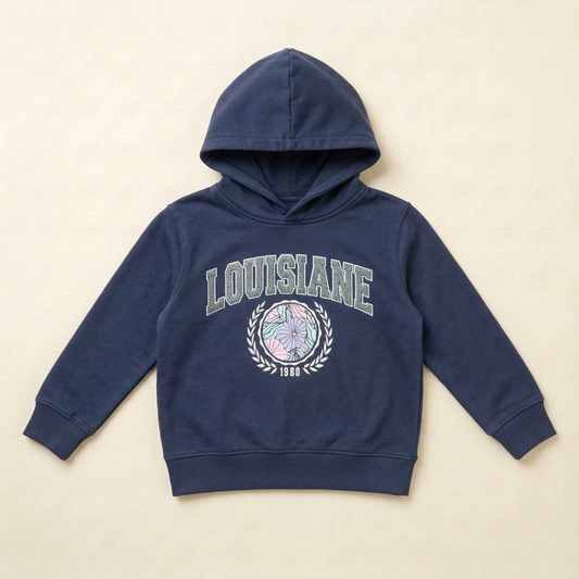 Sweat à capuche enfant marine 10 ans, logo Louisiane imprimé