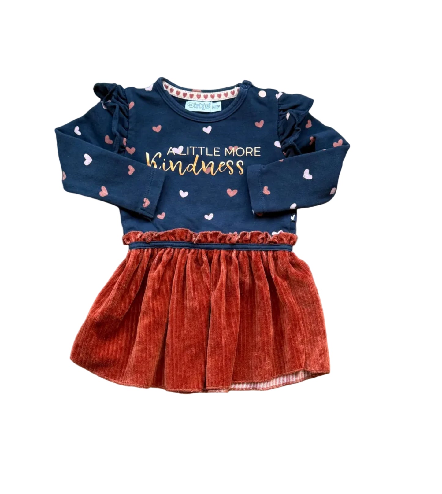 Robe bébé 12 mois : haut bleu marine à cœurs, jupe rouille plissée.